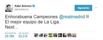 Ex-Real Madrid midfielder Xabi Alonso: "Real Madrid champions, congratulations!! The best team in LaLiga. Next..."