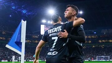 Fidel Ambriz celebrates his goal 1-0 with German Berterame of Monterrey during the 5th round match between Monterrey and Necaxa as part of the Liga BBVA MX, Torneo Clausura 2025 at BBVA Bancomer Stadium, on February 01, 2025 in Monterrey, Nuevo Leon, Mexico.