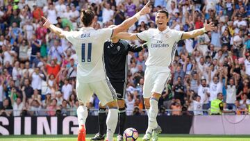 Bale y Cristiano celebraron as&iacute; el gol del portugu&eacute;s.