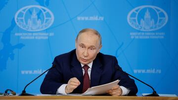 Russia's President Vladimir Putin delivers a speech during a meeting with the leadership of the Russian foreign ministry in Moscow, Russia June 14, 2024. REUTERS/Maxim Shemetov
