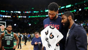 BOSTON, MA - DECEMBER 10: Kyrie Irving #11 of the Boston Celtics and Anthony Davis #23 of the New Orleans Pelicans talk after the game between the Celtics and Pelicans at TD Garden on December 10, 2018 in Boston, Massachusetts. (Photo by Maddie Meyer/Getty Images)