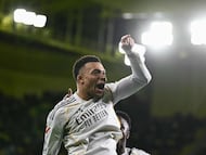 Real Madrid's French forward #10 Kylian Mbappe celebrates scoring his team's second goal during the Spanish league football match between Villarreal CF and Real Madrid CF at La Ceramica Stadium in Vila-Real on January 24, 2026. (Photo by JOSE JORDAN / AFP)