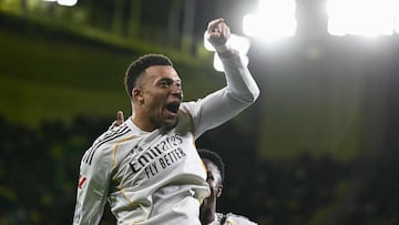Real Madrid's French forward #10 Kylian Mbappe celebrates scoring his team's second goal during the Spanish league football match between Villarreal CF and Real Madrid CF at La Ceramica Stadium in Vila-Real on January 24, 2026. (Photo by JOSE JORDAN / AFP)