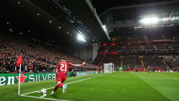 LIVERPOOL, ENGLAND - NOVEMBER 01: A general view as Kostas Tsimikas of Liverpool takes a corner during the UEFA Champions League group A match between Liverpool FC and SSC Napoli at Anfield on November 1, 2022 in Liverpool, United Kingdom. (Photo by Robbie Jay Barratt - AMA/Getty Images)