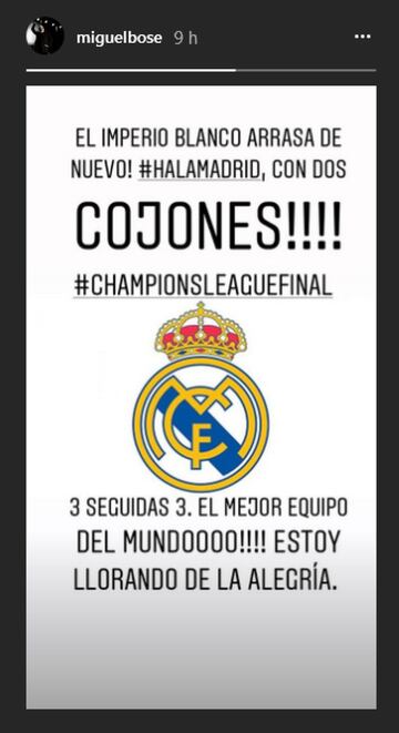 Miguel Bos¨¦ no pudo evitar la euforia y escribi¨®n un texto con el escudo del Real Madrid de fondo.