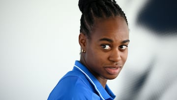 (FILES) In this file photo taken on June 23, 2022 Paris Saint Germain's forward Marie-Antoinette Katoto reacts during an interview as part of the team's preparation for the upcoming UEFA Euro 2022 football tournament in Clairefontaine-en-Yvelines. (Photo by FRANCK FIFE / AFP)