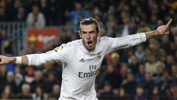 Real Madrid&#039;s Gareth Bale celebrates scoring a goal that was later wrongly disallowed.