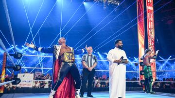 JEDDAH, SAUDI ARABIA - MAY 25: Saudi actor/performer Ibrahim Al Hajjaj (m) announces Cody Rhodes (l) and Logan Paul (r) during King and Queen of the Ring at Jeddah Superdome on May 25, 2024 in Jeddah, Saudi Arabia.  (Photo by WWE/Getty Images)