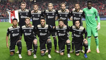 (Back L-R) Ajax's Dutch defender Matthijs de Ligt, Ajax's Serbian midfielder Dusan Tadic, Ajax's Dutch midfielder Donny van de Beek, Ajax's Dutch defender Daley Blind, Ajax's Moroccan midfielder Hakim Ziyech, Ajax's Camerooni