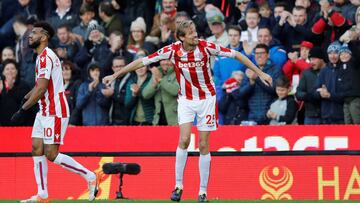 Soccer Football - Premier League - Stoke City vs Leicester City - bet365 Stadium, Stoke-on-Trent, Britain - November 4, 2017   Stoke City&#039;s Peter Crouch celebrates scoring their second goal with team mates             REUTERS/Darren Staples  EDITORIAL USE ONLY. No use with unauthorized audio, video, data, fixture lists, club/league logos or &quot;live&quot; services. Online in-match use limited to 75 images, no video emulation. No use in betting, games or single club/league/player publications. Please contact your account representative for further details.