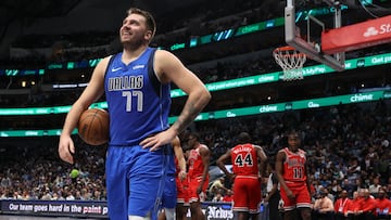 Luka Doncic #77 of the Dallas Mavericks reacts during the first half against the Chicago Bulls at American Airlines Center on November 06, 2024 in Dallas, Texas.