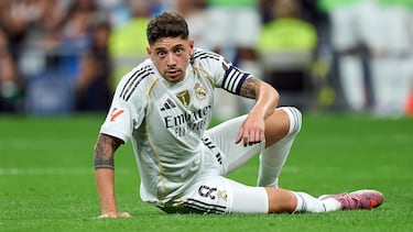 MADRID, SPAIN - AUGUST 30: Federico Valverde of Real Madrid looks on during the LaLiga EA Sports match between Real Madrid CF and RCD Mallorca at Estadio Santiago Bernabeu on August 30, 2025 in Madrid, Spain. (Photo by Angel Martinez/Getty Images)