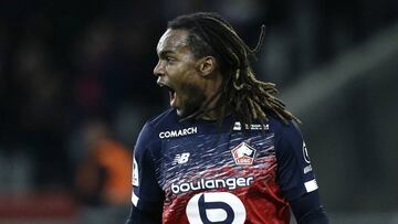 Lille's Renato Sanches reacts after scoring a penalty during the French League One soccer match between Lille and Montpellier at the Lille Metropole stadium, in Villeneuve d'Ascq, northern France, Friday, Dec. 13, 2019. (AP Photo/Michel Spingler