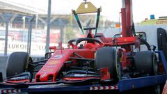 Formula One F1 - Russian Grand Prix - Sochi Autodrom, Sochi, Russia - September 29, 2019  The car of Ferrari&#039;s Sebastian Vettel is carried back to the garages by a truck during the race  REUTERS/Maxim Shemetov