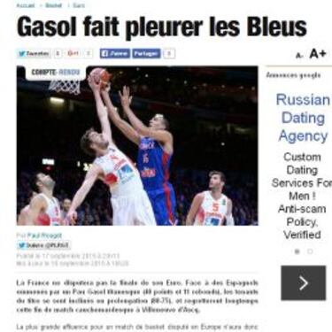 La prensa gala se rinde a Pau: "Gasol hace llorar a los Bleus"