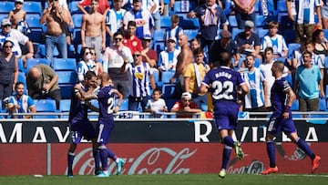 BARCELONA, SPAIN - SEPTEMBER 29: Michel Herrero (L) of Real Valladolid CF celebrates with teammates after scoring the opening goal from the penalty spot during the Liga match between RCD Espanyol and Real Valladolid CF at RCDE Stadium on September 29, 201