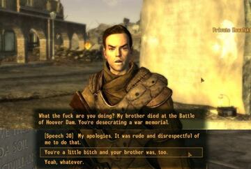 Opciones de diálogo en Fallout New Vegas. Una de ellas requiere al menos 30 puntos en diplomacia.