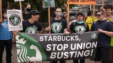 Demonstrators protest outside a closed Starbucks Corp. location at 505 Union Station in Seattle, Washington, US, on Saturday, July 16, 2022.