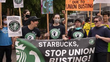 Demonstrators protest outside a closed Starbucks Corp. location at 505 Union Station in Seattle, Washington, US, on Saturday, July 16, 2022.