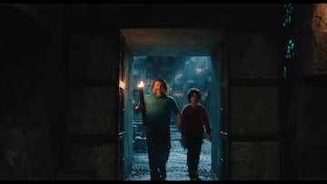 Jack Black as Steve encountering a crowned pig in A Minecraft Movie, a tribute to Technoblade.