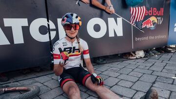 Rocio del Alba Garcia Martinez seen at UCI XCO World Cup in Snowshoe, USA on September 19, 2021, with Red Bull TV add on the background // Bartek Wolinski / Red Bull Content Pool // SI202110020013 // Usage for editorial use only // 