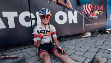 Rocio del Alba Garcia Martinez seen at UCI XCO World Cup in Snowshoe, USA on September 19, 2021, with Red Bull TV add on the background // Bartek Wolinski / Red Bull Content Pool // SI202110020013 // Usage for editorial use only // 