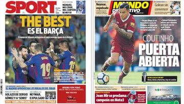 Portadas de los diarios Sport y Mundo Deportivo del d&iacute;a 23 de octubre de 2017.