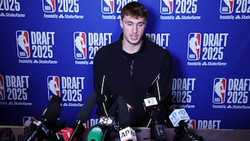 NEW YORK, NEW YORK - JUNE 24: Cooper Flagg speaks during a Media Availability session prior to the 2025 NBA Draft at Lotte New York Palace on June 24, 2025 in New York City. NOTE TO USER: User expressly acknowledges and agrees that, by downloading and or using this photograph, User is consenting to the terms and conditions of the Getty Images License Agreement. Sarah Stier/Getty Images/AFP (Photo by Sarah Stier / GETTY IMAGES NORTH AMERICA / Getty Images via AFP)