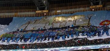 Supporters of Napoli during the UEFA Champions League Round of 16 second leg match between SSC Napoli and Real Madrid CF at Stadio San Paolo on March 7, 2017 in Naples, Italy.