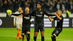 Soccer Football - Europa League - Round of 32 Second Leg - Eintracht Frankfurt v Shakhtar Donetsk - Commerzbank-Arena, Frankfurt, Germany - February 21, 2019  Eintracht Frankfurt&#039;s Sebastian Haller celebrates scoring their second goal with Mijat Gaci