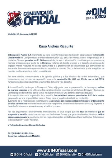 Comunicado oficial sobre el caso Andrés Ricaurte.