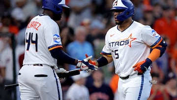 Apr 13, 2025; Houston, Texas, USA; Houston Astros third baseman Isaac Paredes (15) is congratulated by Houston Astros designated hitter Yordan Alvarez (44) after hitting a three run home run to left field against the Los Angeles Angels during the second inning at Daikin Park. Mandatory Credit: Erik Williams-Imagn Images
