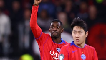 Soccer Football - UEFA Champions League - Bayer Leverkusen v Paris St Germain - BayArena, Leverkusen, Germany - October 21, 2025 Paris St Germain's Ousmane Dembele celebrates scoring their sixth goal REUTERS/Thilo Schmuelgen