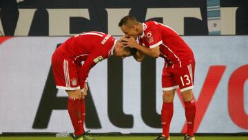 Soccer Football - Bundesliga - Schalke 04 vs Bayern Munich - Veltins-Arena, Gelsenkirchen, Germany - September 19, 2017 Bayern Munich's James Rodriguez celebrates scoring their second goal with Rafinha (R) REUTERS/Wolfgang Rattay DFL RULES TO LIMIT THE ONLINE USAGE DURING MATCH TIME TO 15 PICTURES PER GAME. IMAGE SEQUENCES TO SIMULATE VIDEO IS NOT ALLOWED AT ANY TIME. FOR FURTHER QUERIES PLEASE CONTACT DFL DIRECTLY AT + 49 69 650050