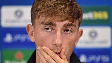 Real Madrid's Spanish defender #24 Dean Huijsen attends a press conference at Anfield Stadium in Liverpool in north-west England, on November 3, 2025, on the eve of their UEFA Champions League league phase football match against Liverpool. (Photo by PETER POWELL / AFP)