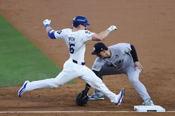 Will Smith #16 of the Los Angeles Dodgers runs to first base against Anthony Rizzo #48 of the New York Yankees during Game Two