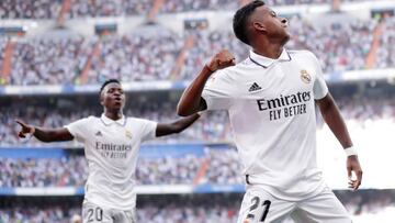 MADRID, SPAIN - SEPTEMBER 11: Rodrygo of Real Madrid celebrates 3-1 during the La Liga Santander match between Real Madrid v Real Mallorca at the Estadio Santiago Bernabeu on September 11, 2022 in Madrid Spain (Photo by David S. Bustamante/Soccrates/Getty Images)
