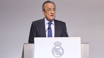 Florentino P&eacute;rez, presidente del Real Madrid, durante su discurso en la Asamblea de Socios del club blanco en noviembre de 2021.