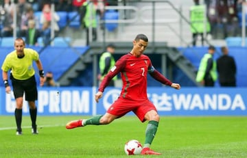 Cristiano Ronaldo, eyes on the ball, about to strike his penalty-kick against New Zealand.