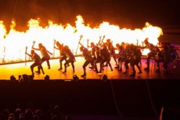 Artists from Cirque du Soleil perform during the opening ceremonies at the Pan American Games in Toronto, Ontario on July 10,  2015.  AFP PHOTO/ GEOFF ROBINS