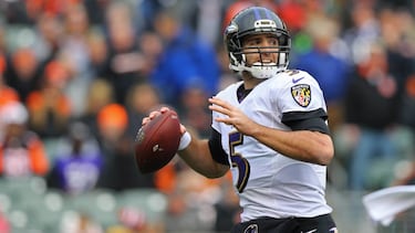 Jan 1, 2017; Cincinnati, OH, USA; Baltimore Ravens quarterback Joe Flacco (5) looks to pass against the Cincinnati Bengals in the first half at Paul Brown Stadium. Mandatory Credit: Aaron Doster-USA TODAY Sports