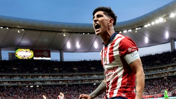 Guadalajara's Victor Guzman celebrates after scoring during the Mexican Clausura Tournament football match between Guadalajara and Juarez at the Akron Stadium in Guadalajara, Jalisco State, Mexico on February 10, 2024. (Photo by ULISES RUIZ / AFP)