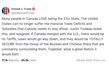 Donald Trump reacciona a la renuncia de Trudeau vía Truth Social.