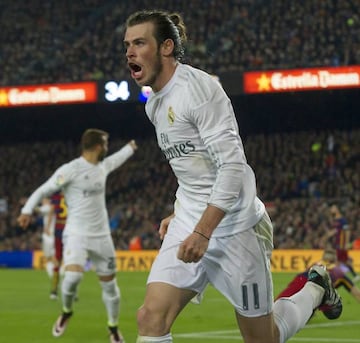 Bale celebrates the goal that never was at the Camp Nou.