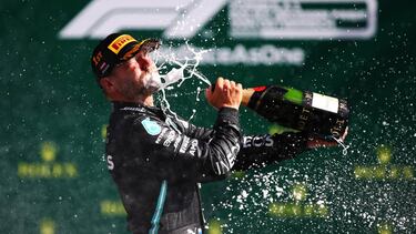 SPIELBERG, AUSTRIA - JULY 05: Race winner Valtteri Bottas of Finland and Mercedes GP celebrates on the podium during the Formula One Grand Prix of Austria at Red Bull Ring on July 05, 2020 in Spielberg, Austria. (Photo by Mark Thompson/Getty Images)
