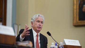 FILE PHOTO: CIA Director William Burns gestures as he speaks during a House Intelligence Committee hearing on worldwide threats in Washington, D.C., U.S., April 15, 2021. Al Drago/Pool via REUTERS/File Photo