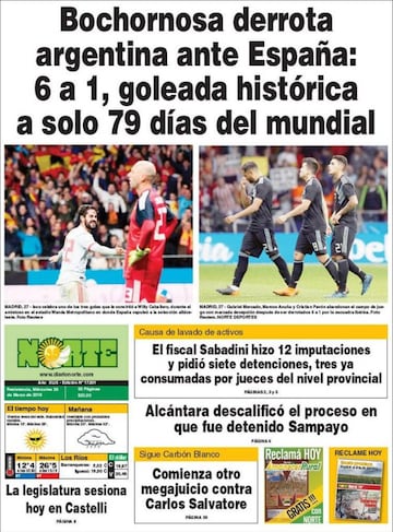 Las portadas de la prensa tras el 6-1 de España a Argentina