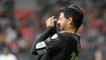 Apr 5, 2023; Vancouver, British Columbia, CAN;  Los Angeles FC forward Carlos Vela (10) reacts during the second half against the Vancouver Whitecaps FC at BC Place. Mandatory Credit: Anne-Marie Sorvin-USA TODAY Sports