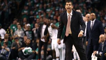 BOSTON, MA - APRIL 30: Brad Stevens of the Boston Celtics reacts during the second quarter of Game One of Round Two of the 2018 NBA Playoffs against the Philadelphia 76ers at TD Garden on April 30, 2018 in Boston, Massachusetts. Maddie Meyer/Getty Image