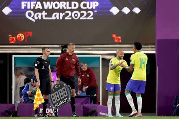 DOHA, 05-12-2022, Stadium , World Cup 2022 in Qatar , Round of 16, game between Brazil and South Korea, Brazil player Dani Alves replacing Brazil player Eder Militao - Photo by Icon sport during the FIFA World Cup 2022, Round of 16 match between Japan and Croatia at Al Janoub Stadium on December 5, 2022 in Al Wakrah, Qatar. (Photo by ProShots/Icon Sport via Getty Images)